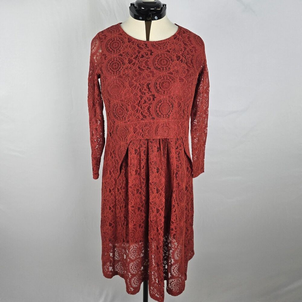 Viper Dress Women's Large * Rust Lace Overlay Long Sleeve Fit & Flare Midi NWT